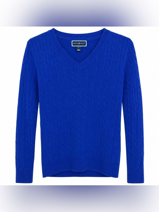 Karen Scott Sweaters - Karen Scott Cable Knit V-Neck Sweater Women's Small Blue Cotton Soft Knit